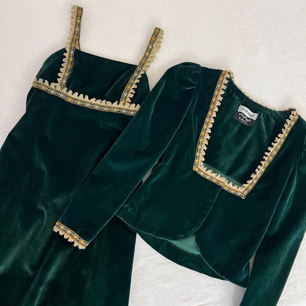 VTG Gunne Sax *WITH FLAWS* Dark Green Velvet Maxi Dress & Jacket Set Sz XXS